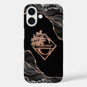 Modern Monogram C Zwart Agaat Marmer Roos Goud iPhone 16 Hoesje