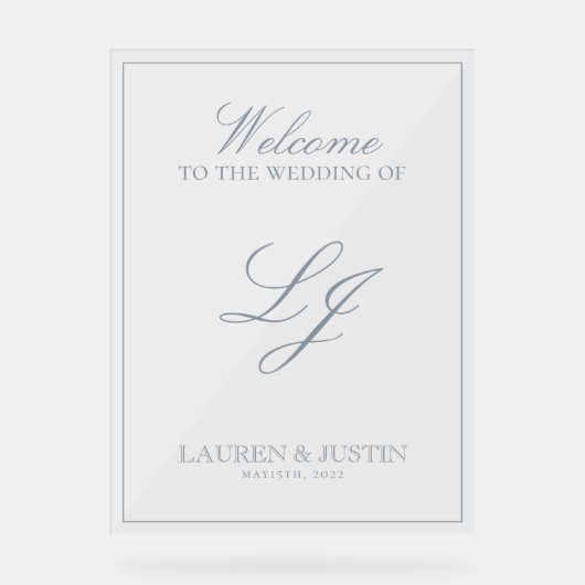 Modern Monogram Classic Dusty Blue Script Welkom Acryl Bord (Voorkant)