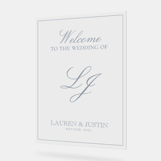 Modern Monogram Classic Dusty Blue Script Welkom Acryl Bord (Hoek)