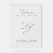 Modern Monogram Classic Sage Green Script Welkom Acryl Bord (Voorkant)