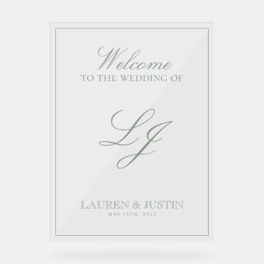 Modern Monogram Classic Sage Green Script Welkom Acryl Bord (Voorkant)