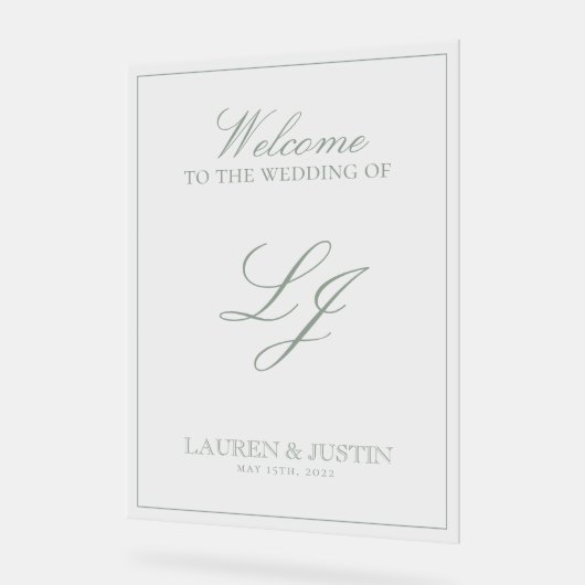 Modern Monogram Classic Sage Green Script Welkom Acryl Bord (Hoek)