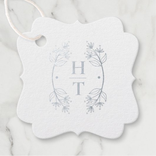 Modern Monogram Crest Stofblauw Trouw Welkom Bedankjes Labels (Voorkant)