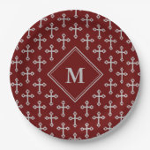 Modern Monogram Cross Burgundy Silver Papieren Bordje (Voorkant)