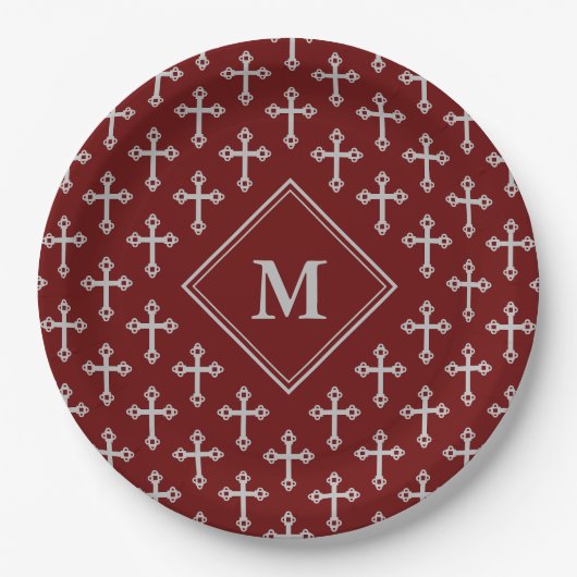 Modern Monogram Cross Burgundy Silver Papieren Bordje (Voorkant)