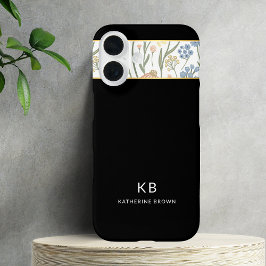 Modern Monogram Cute Zwart Bloemmotief  iPhone 16 Hoesje