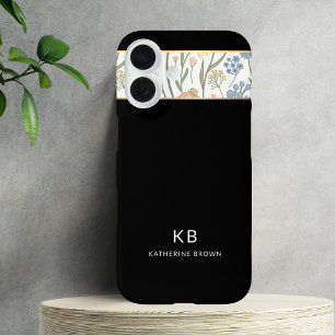 Modern Monogram Cute Zwart Bloemmotief iPhone 16 Hoesje