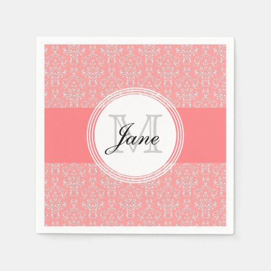 Modern Monogram Damask Napkin Coral Servetten (Voorkant)