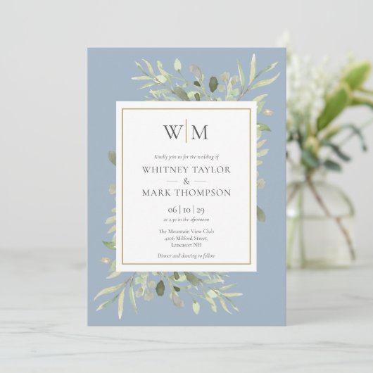 Modern Monogram Deusty Blue Greenery Wedding Kaart (Staand voorkant)