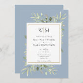 Modern Monogram Deusty Blue Greenery Wedding Kaart (Voorkant / Achterkant)