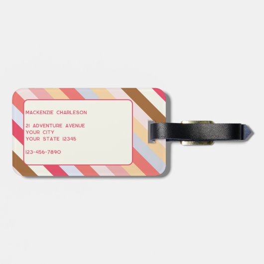 Modern Monogram Diagonaal Snoep Streep Gepersonali Bagagelabel (Achterkant horizontaal)