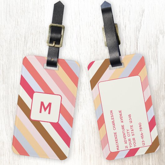 Modern Monogram Diagonaal Snoep Streep Gepersonali Bagagelabel