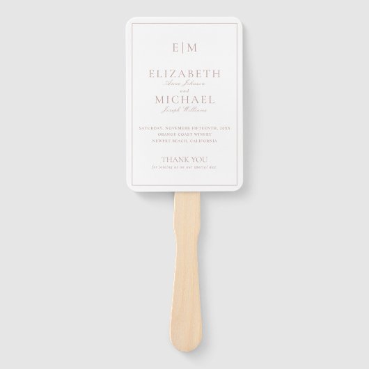 Modern Monogram Dusty Roos Script bruiloft program Handwaaier (Voorkant)