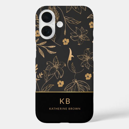 Modern Monogram Elegant Black Gold Floral Pattern  Case-Mate iPhone Case (Achterkant)