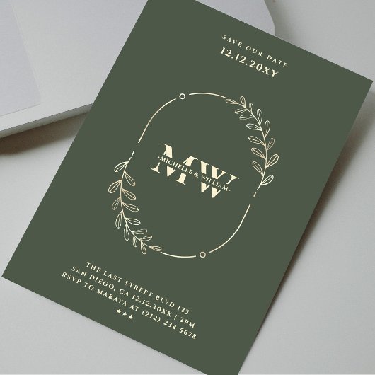Modern Monogram Elegant Bruiloft Donkergroen Goud Kaart