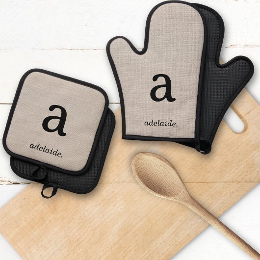 Modern Monogram Elegant Linnen Look Initiaal Naam Ovenwant & Pannenlap Set