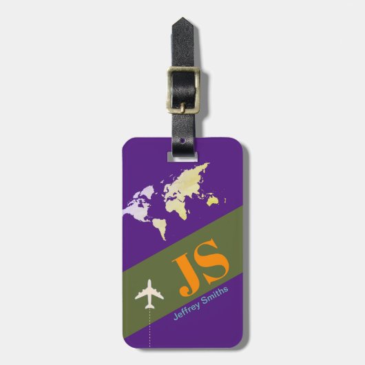 modern monogram elegant reizen paars bagagelabel (Voorkant verticaal)