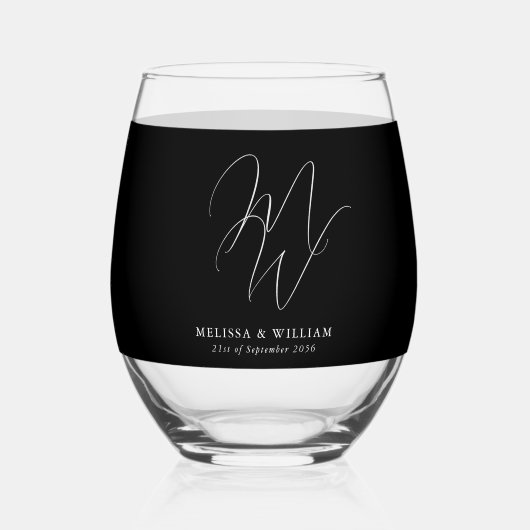 Modern Monogram Elegant Script Zwart Wit Bruiloft Wijnglas Zonder Voet (Achterkant)