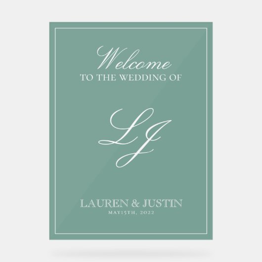 Modern Monogram Emerald Green Script Welkom Acryl Bord (Voorkant)