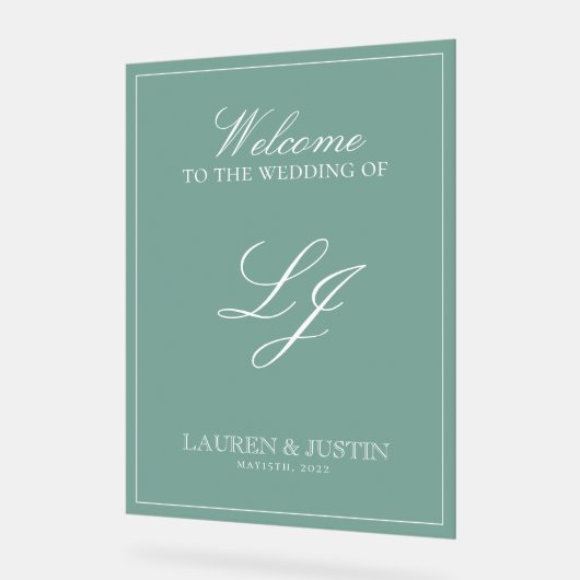 Modern Monogram Emerald Green Script Welkom Acryl Bord (Hoek)