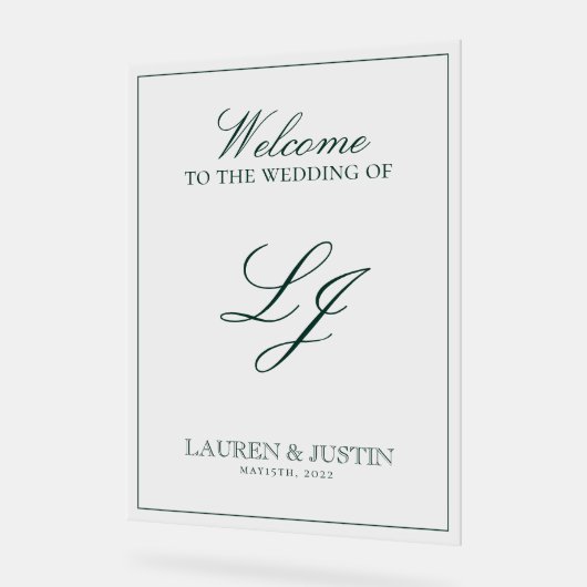 Modern Monogram Emerald Green Script Welkom Acryl Bord (Hoek)