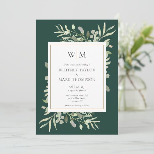 Modern Monogram Emerald Greenery Wedding Kaart (Staand voorkant)