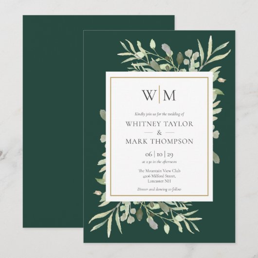 Modern Monogram Emerald Greenery Wedding Kaart (Voorkant / Achterkant)