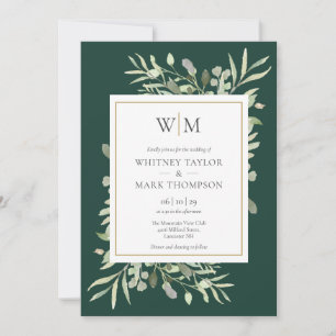 Modern Monogram Emerald Greenery Wedding Kaart