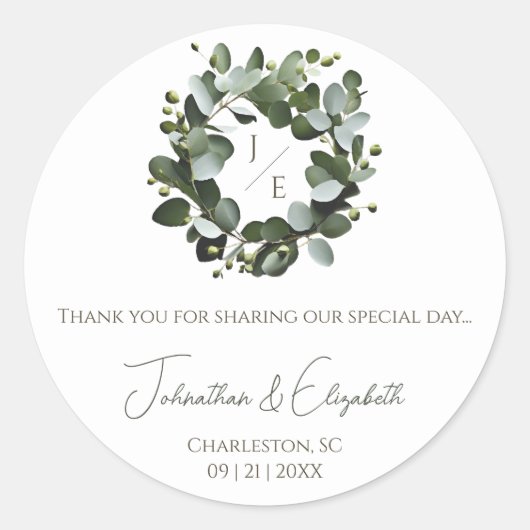 Modern Monogram Eucalyptus Krans Favoriet | Wit Ronde Sticker (Voorkant)