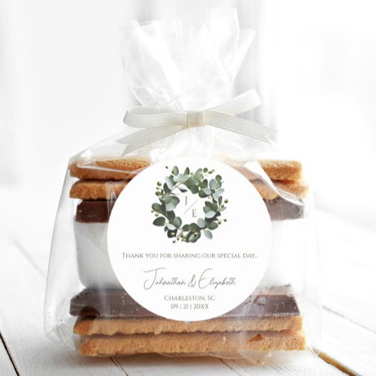 Modern Monogram Eucalyptus Krans Favoriet | Wit Ronde Sticker