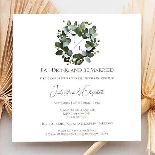 Modern Monogram Eucalyptus Krans Repetitie Diner Kaart