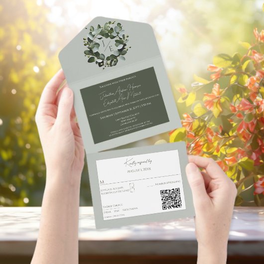 Modern Monogram Eucalyptus Krans Sage Groen All In One Uitnodiging
