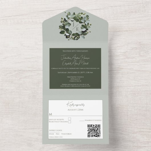 Modern Monogram Eucalyptus Krans Sage Groen All In One Uitnodiging (Binnen)