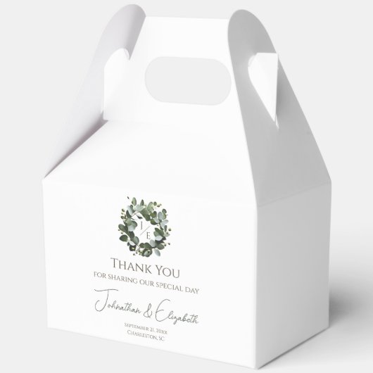 Modern Monogram Eucalyptus Krans Trouwen | Wit Bedankdoosjes (Voorkant)
