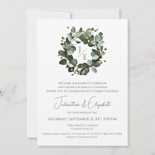 Modern Monogram Eucalyptus Krans Trouwen | Wit Kaart (Voorkant)