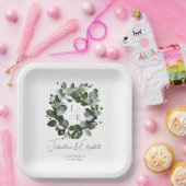 Modern Monogram Eucalyptus Krans Trouwen | Wit Papieren Bordje (Feest)