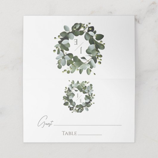 Modern Monogram Eucalyptus Krans Trouwen | Wit Plaatskaartje (Buitenkant ongevouwen)