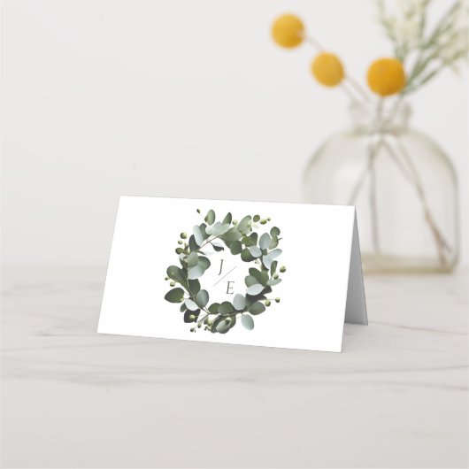 Modern Monogram Eucalyptus Krans Trouwen | Wit Plaatskaartje (Achterkant)