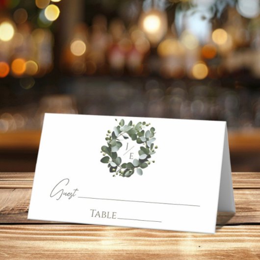 Modern Monogram Eucalyptus Krans Trouwen | Wit Plaatskaartje