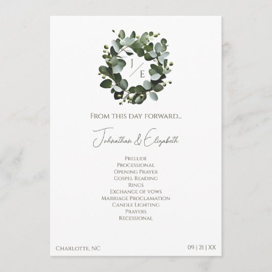 Modern Monogram Eucalyptus Krans Trouwen | Wit Programmakaart (Voorkant)