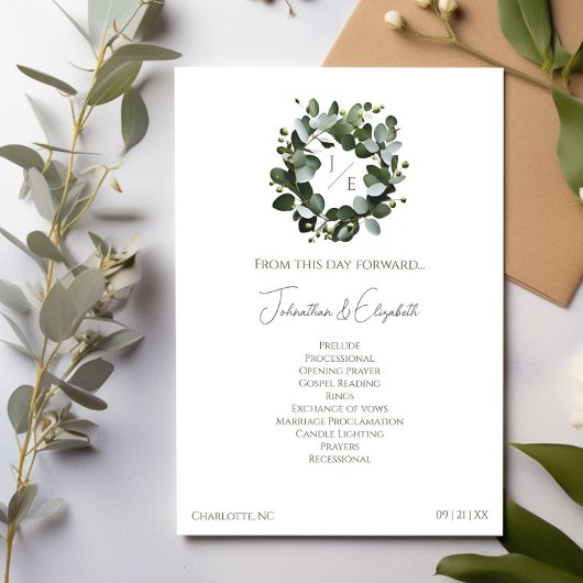 Modern Monogram Eucalyptus Krans Trouwen | Wit Programmakaart