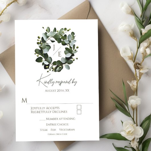 Modern Monogram Eucalyptus Krans Trouwen | Wit RSVP Kaartje
