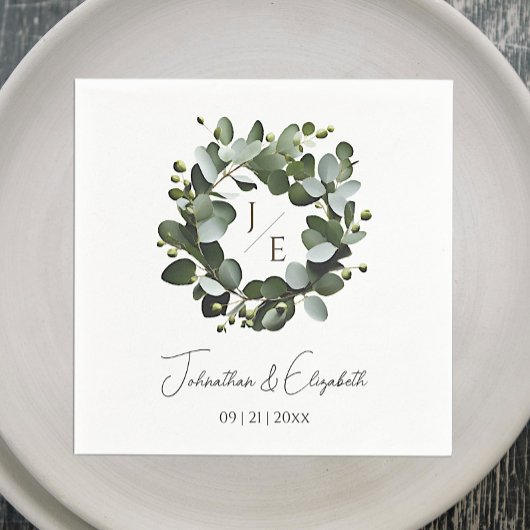 Modern Monogram Eucalyptus Krans Trouwen | Wit Servet