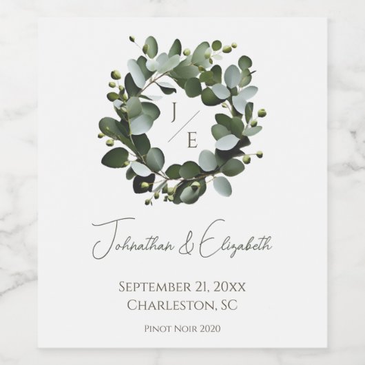 Modern Monogram Eucalyptus Krans Trouwen | Wit Wijn Etiket (Enkel label)
