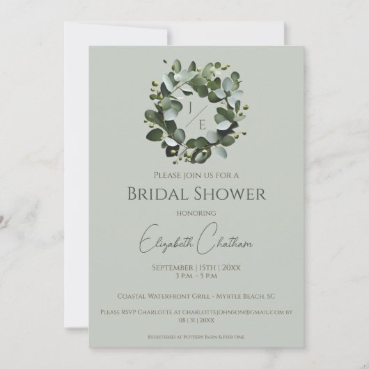 Modern Monogram Eucalyptus Krans Vrijgezellenfeest Kaart (Voorkant)