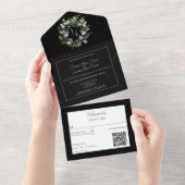 Modern Monogram Eucalyptus Krans Zwart All In One Uitnodiging (Afscheurbaar)