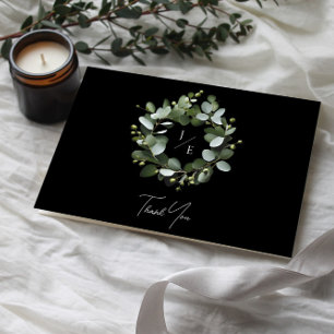 Modern monogram eucalyptuskrans Black Bedankkaart