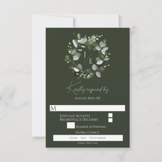 Modern monogram eucalyptuskrans | Dark Green RSVP Kaartje (Voorkant)