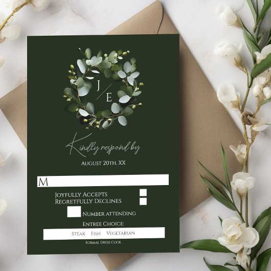 Modern monogram eucalyptuskrans | Dark Green RSVP Kaartje