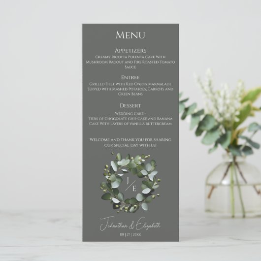 Modern monogram eucalyptuskrans | Gray Menu (Staand voorkant)